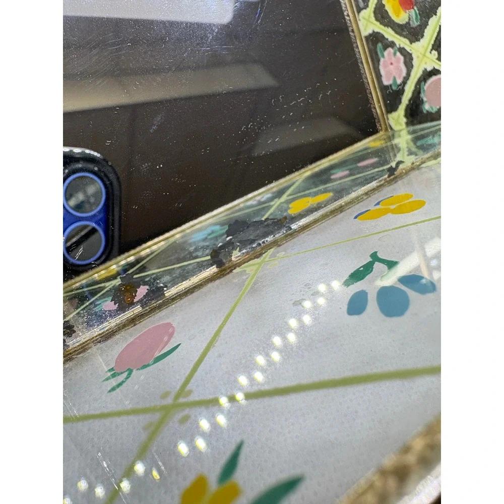 Vintage Hand Painted Glass Jewelry Box Floral Fruit Lattice Brass Trim Mirrored